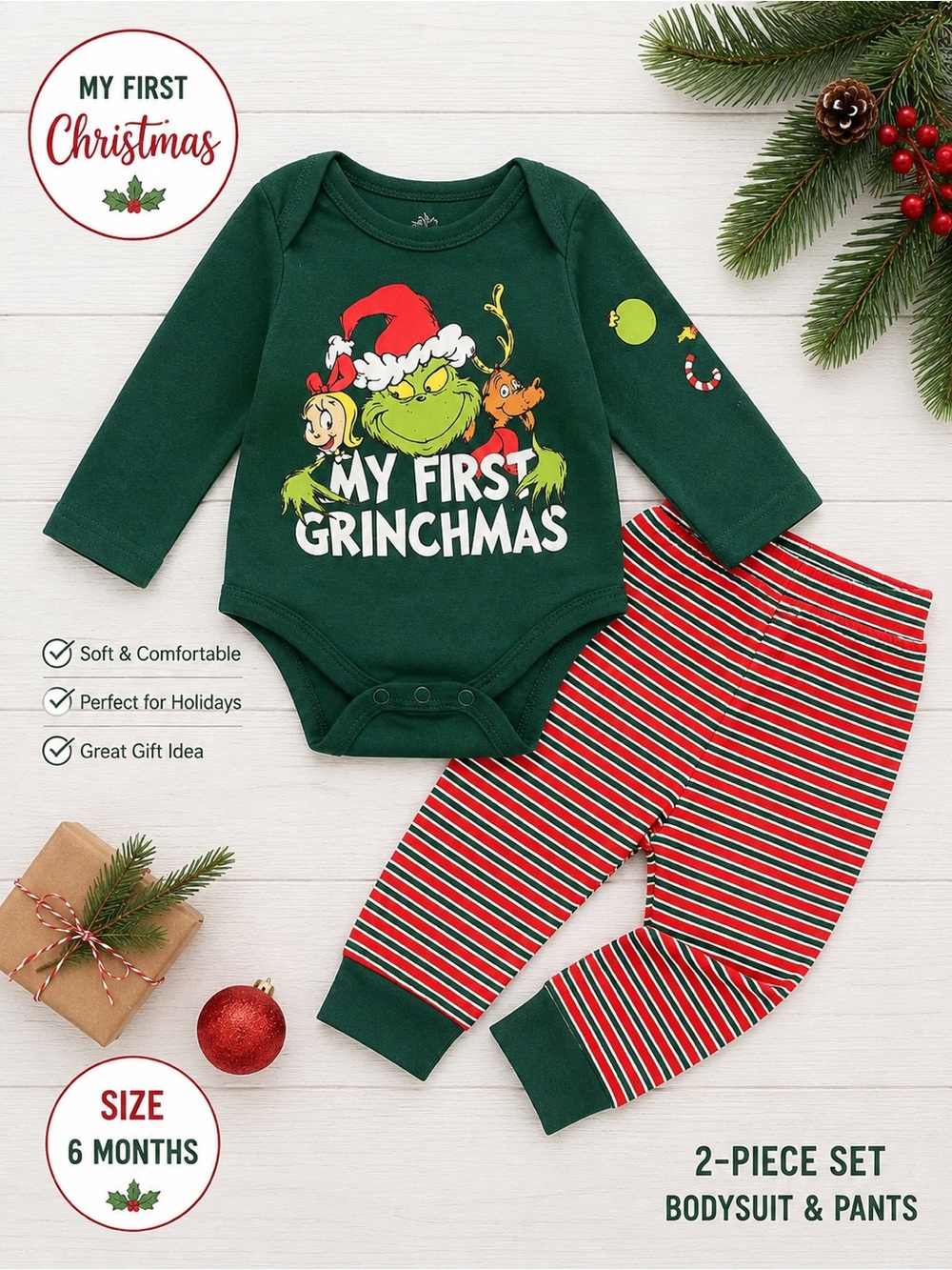 Kids Green "My First Grinchmas" One-Piece Bodysuit & Pants Set